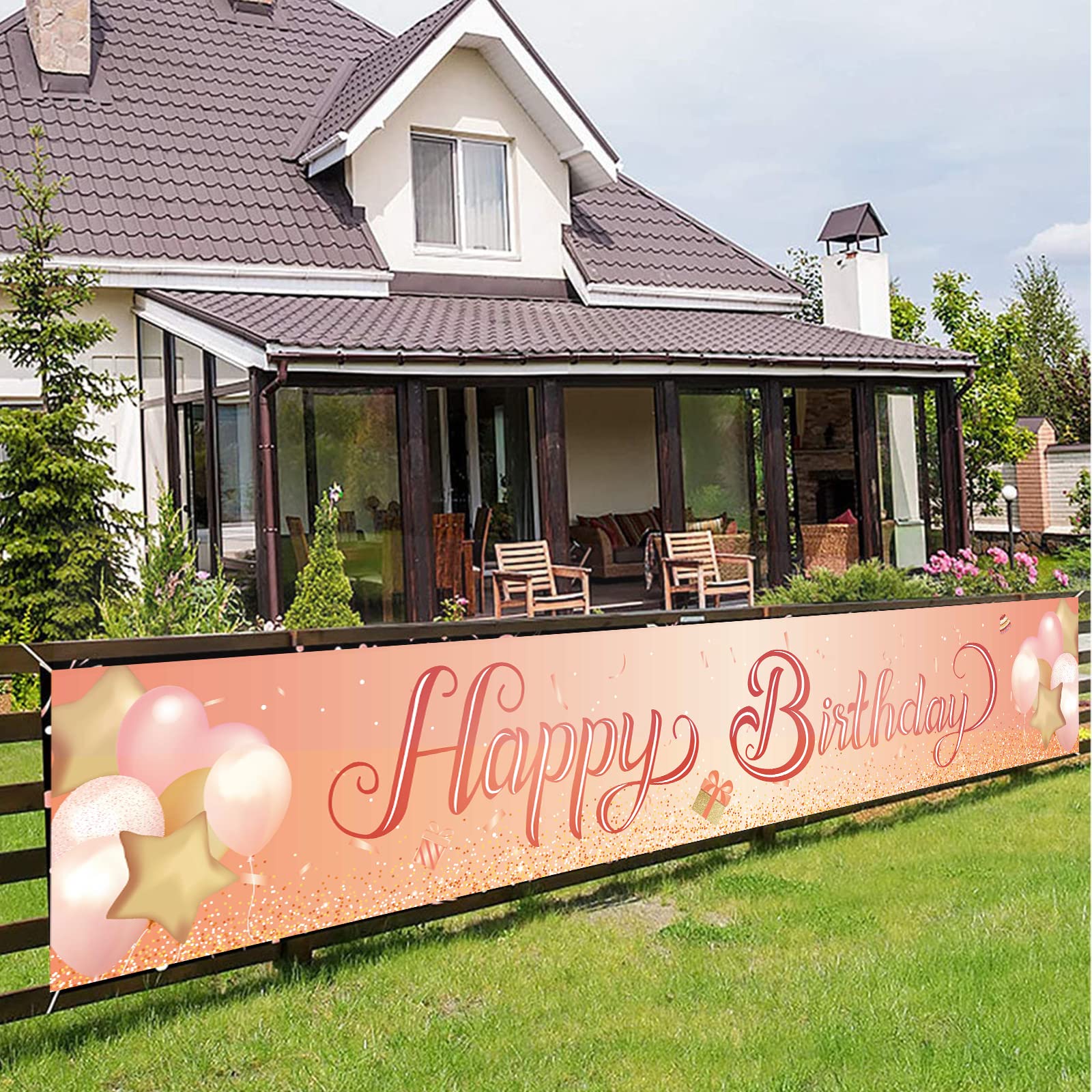 Happy Birthday Banner,Birthday Decoration Rose Gold,Party Backdrop Banner Fabric Banner.for Girl Boy Birthday Photo Backdrop,Photography Background,Outdoor Yard Garden Table Wall Decor Party Supplies
