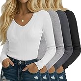 Neer 4 Pack Cotton Ribbed Long Sleeve Shirts for Women V Neck Slim Tops Knit Ladies Base Layer Basic Tees Winter Fashion