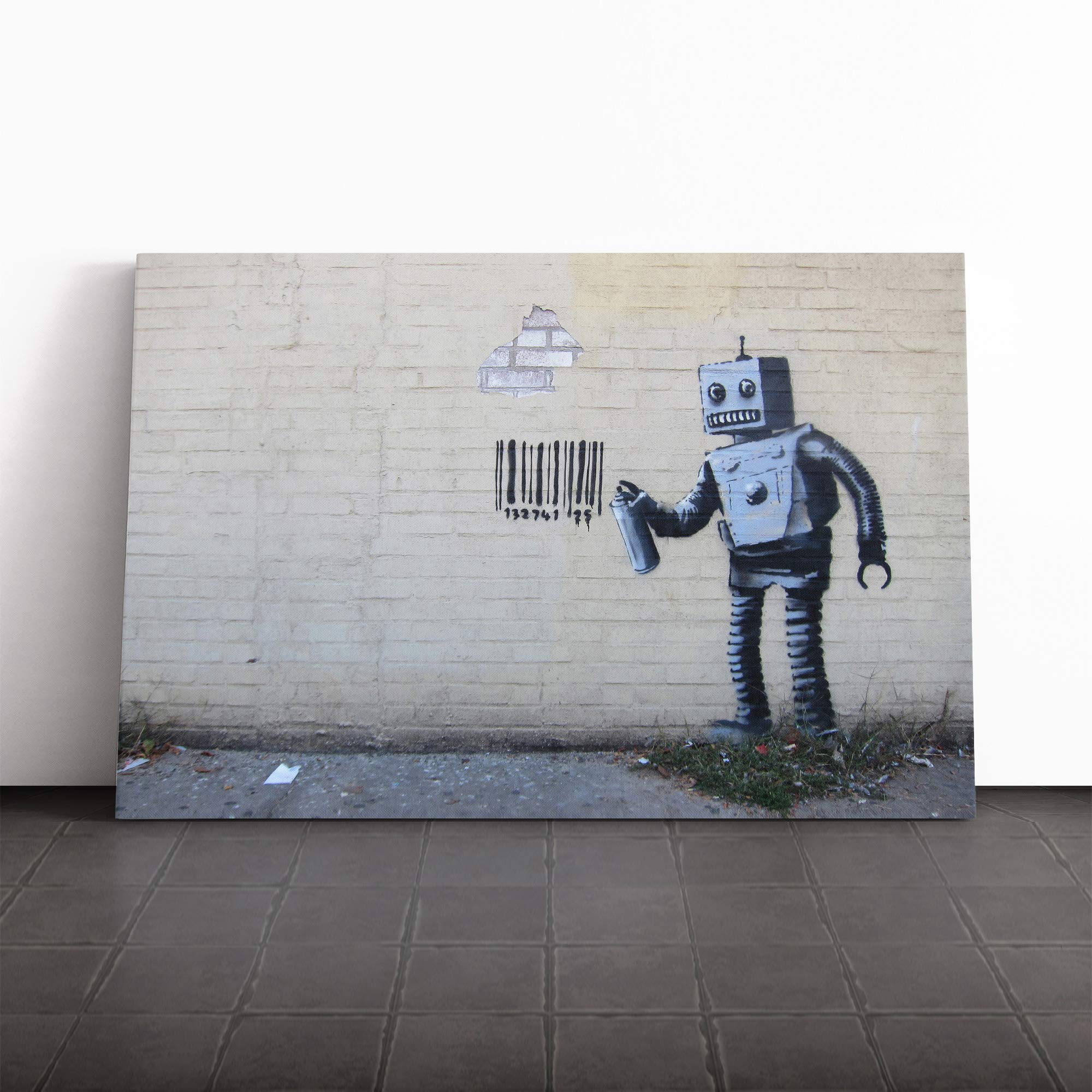 Banksy Robot Graffiti Wall Art Canvas Print | Gallery Wrapped 30mm Frame Wall Decor | 20x14 inches | Ready to Hang | Pop Art Picture | Living Room Bedroom Lounge Office