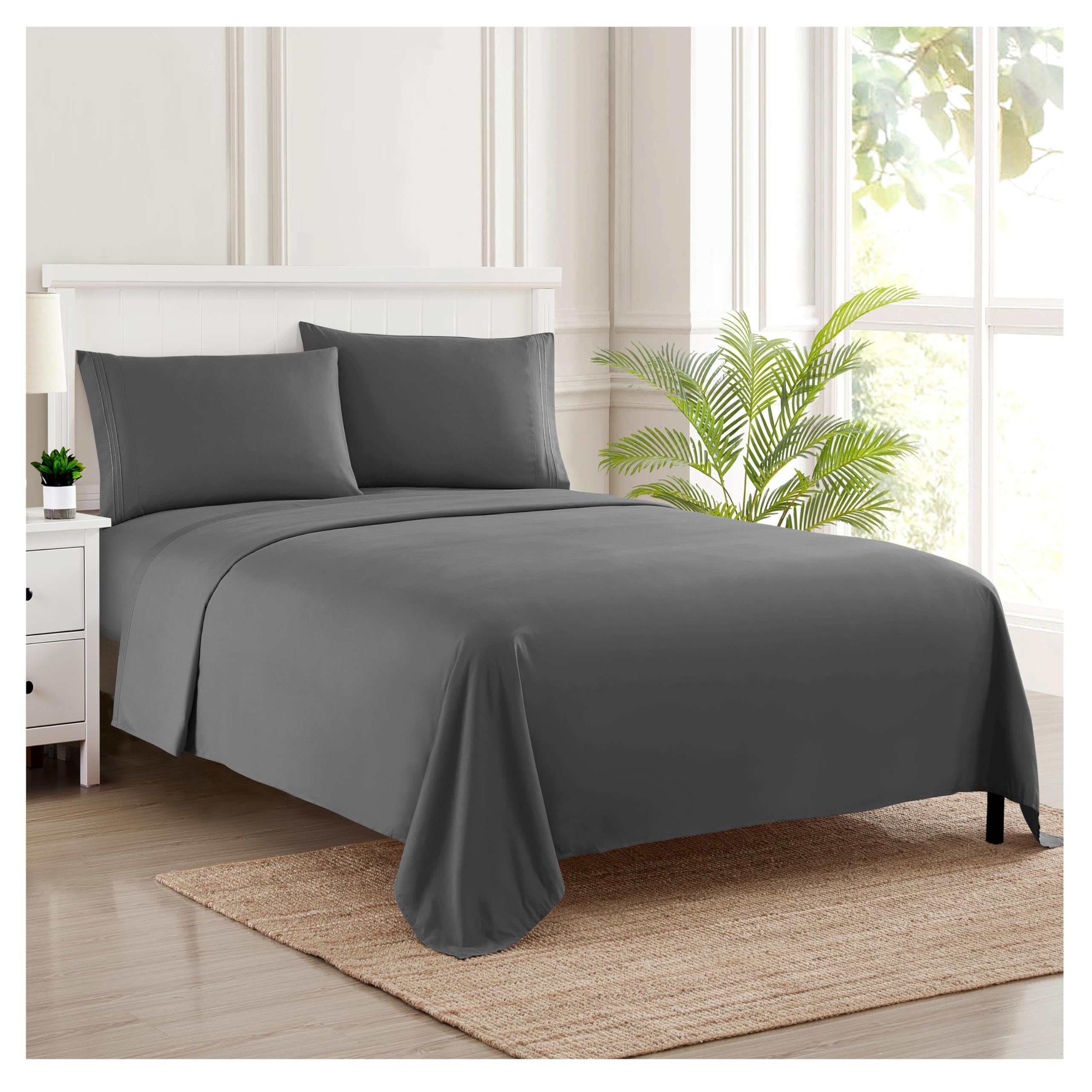 Sweet Home Collection Luxury Bedding Set with Flat, Fitted Sheet, 2 Pillow Cases, Microfiber, Gray, California King