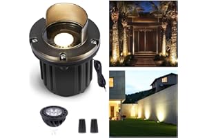 Gardenreet Landscape Well Lights Brass, LED Low Voltage Outdoor In Ground Lights, 12V Waterproof Garden Lights Wired Shield Top for Outside Driveway Walkway Path with 5W 450LM 2700K MR16 Bulb