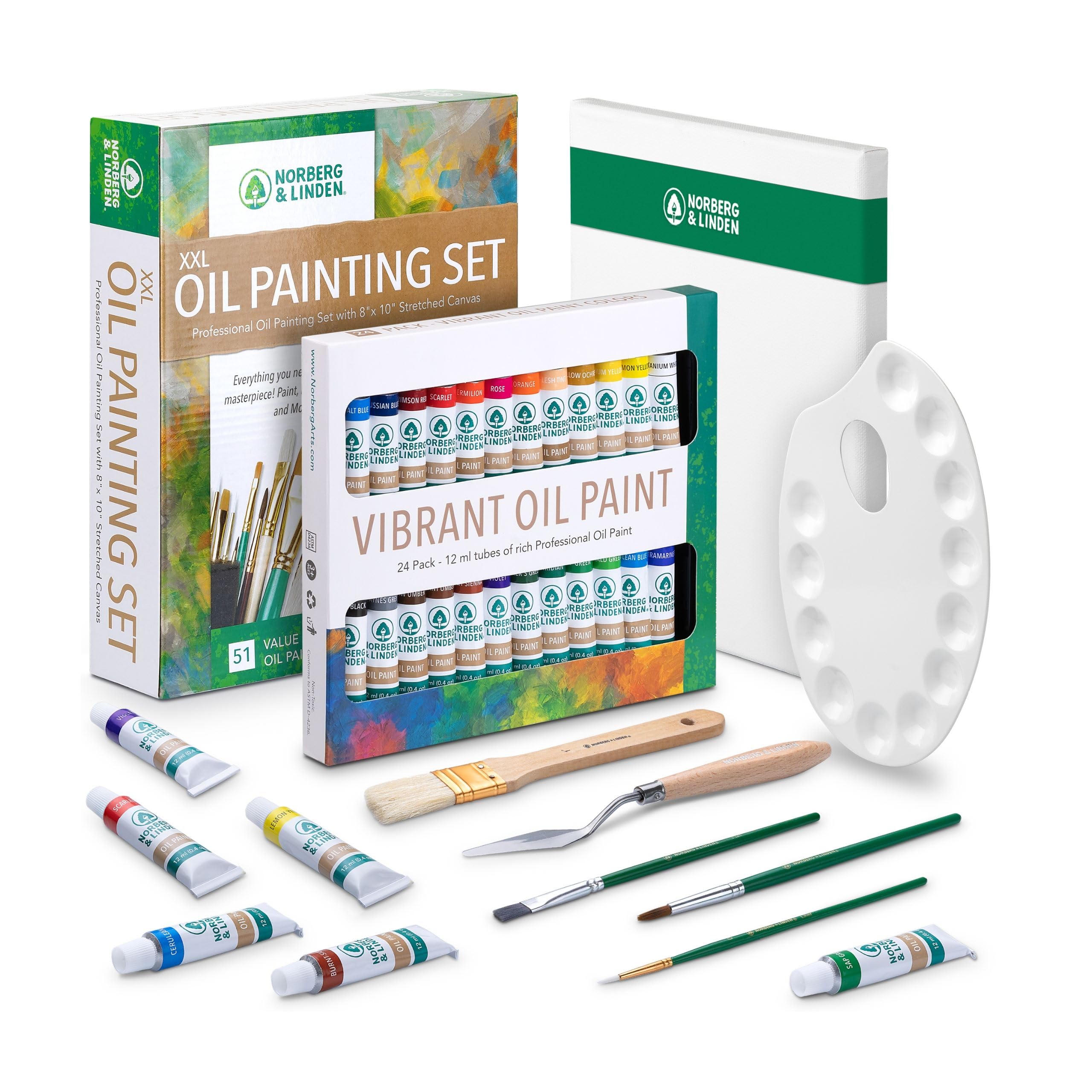 Free Hand XXL Oil Paint Set With 24 Colors, 25 Brushes, Canvas & Art Palette - Professional Painting Supplies for Adults and Kids - Great Gifts for Artists