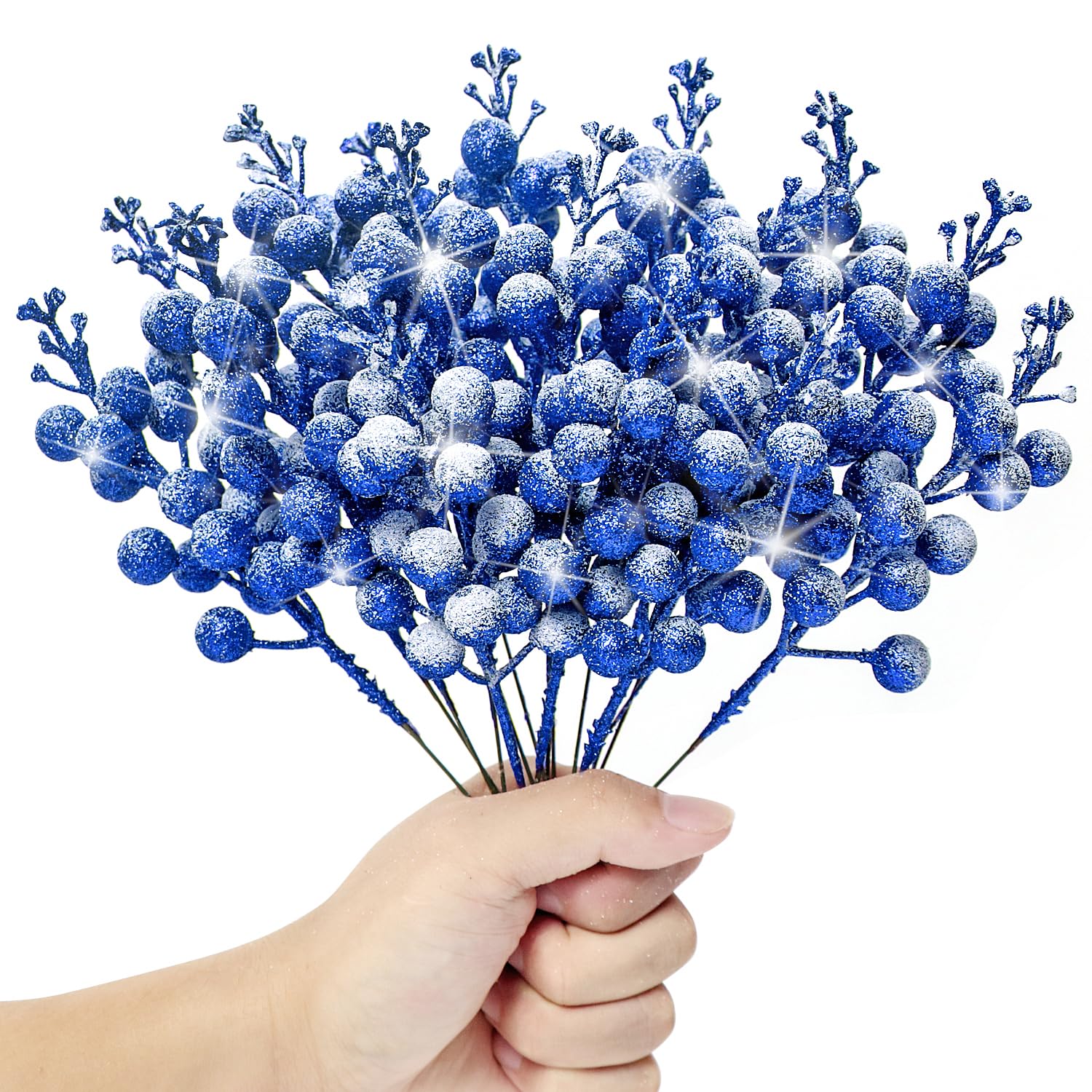 Kunjocy 12 Pcs Snowy Christmas Glitter Berries Stems - Frosted Decorations Artificial Picks for Wreath Garland Xmas Tree Ornament (Royal Blue)