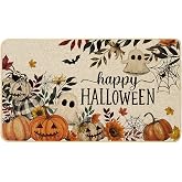 Baccessor Halloween Door Mat Pumpkin Ghost Spider Web Floral Leaves Front Doormat Welcome Decorative Indoor Outdoor Mats Non-Slip Rubber Backing Seasonal Kitchen Entrance Floor Decoration 17x29 inch