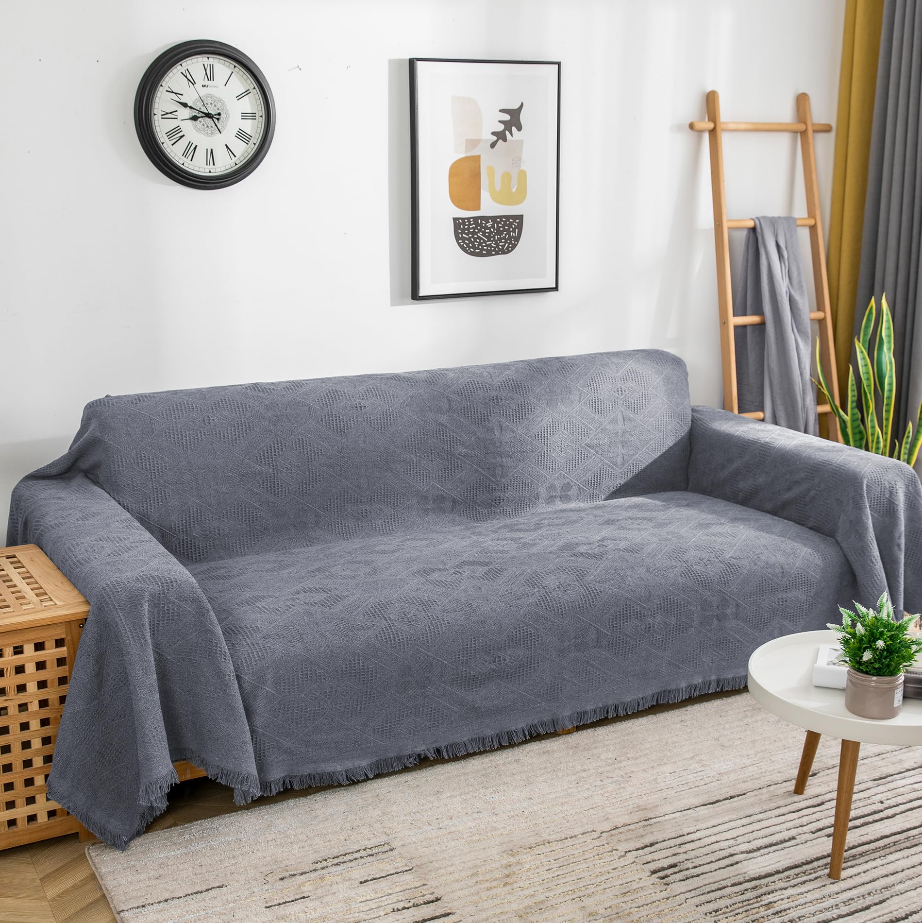 VANJOROY Large Grey Sofa Throw Blanket with Tassels For 2 3 Seater-Extra Large Throws for Settees, 100% Handwoven Cotton Throw for Couch, Armchair and Bed,180×230cm