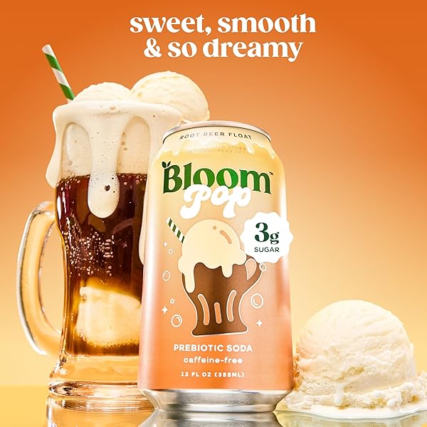 BLOOM POP PREBIOTIC SODA 12 PACK, ROOTBEER FLOAT FLAVOR, 12OZ CANS | PREBIOTIC SODA FOR GUT HEALTH, LOW CALORIE SODA, NO CAFFEINE, HEALTHY SOFT DRINK ALTERNATIVE