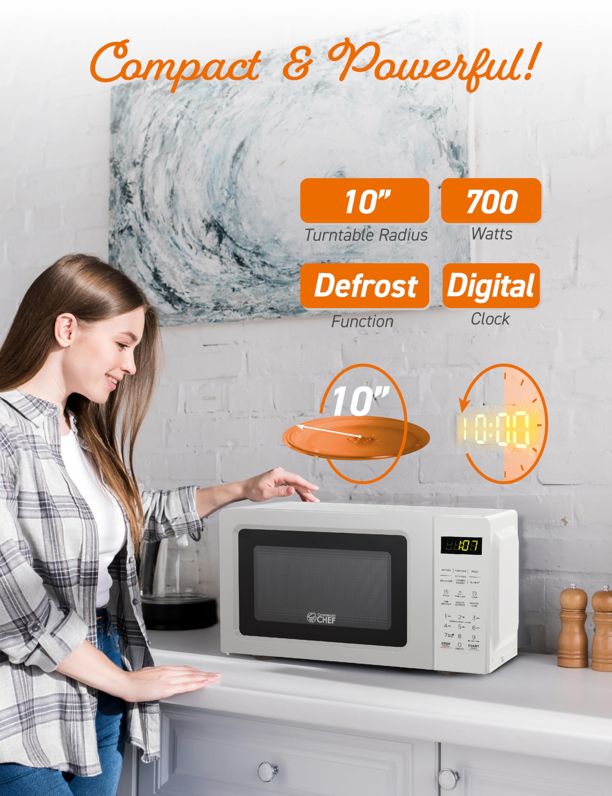 COMMERCIAL CHEF 0.7 Cubic Foot Microwave with 10 Power Levels, Small Microwave with Pull Handle, 700W Countertop up to 99 Minute Timer and Digital Display, White