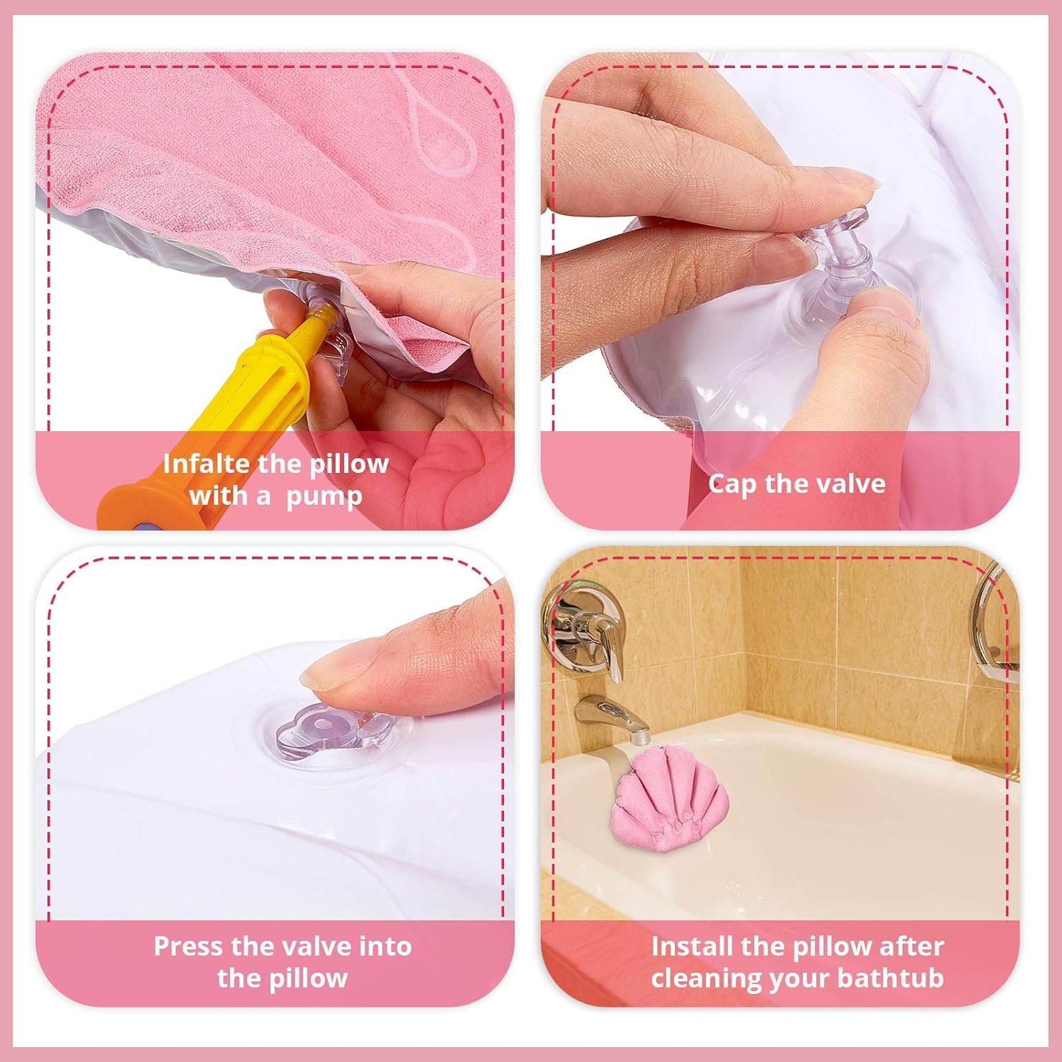 3 Pieces Inflatable Bath Pillow with Suction Cups, Terry Cloth Covered Bath Pillow Shell Shape Bathtub Spa Pillow Comfortable Soft Bath Cushion, Neck Support for Bathtub, Hot Tub (Pink, Green, White) : Beauty
