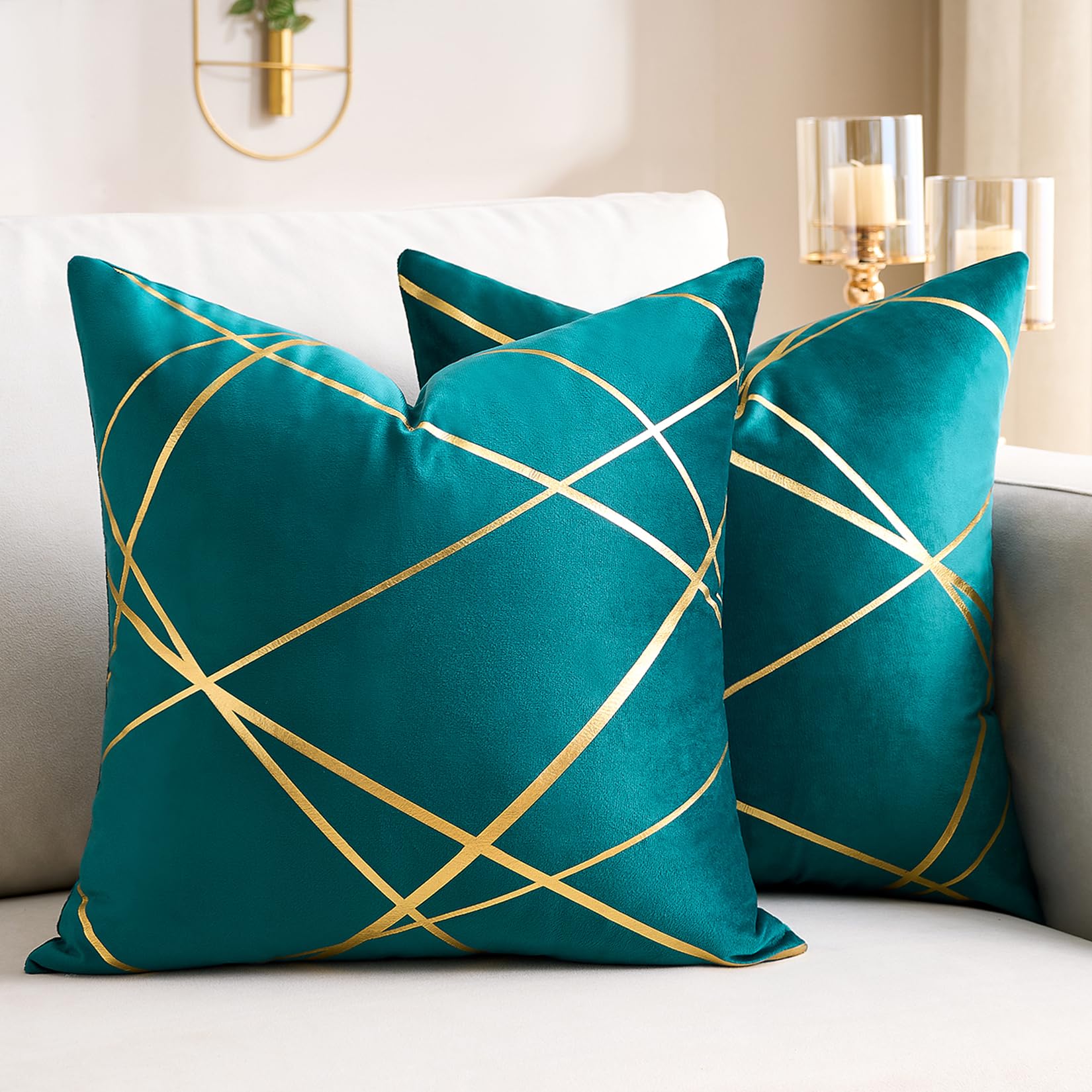 DecorMommt Velvet Cushion Covers 40 x 40 cm Gilded Throw Pillow Covers Decorative Velvet Sofa Cushions Gold Lines geometry Pattern Teal Square Decorative Soft Home for Sofa Living Room Pack of 2
