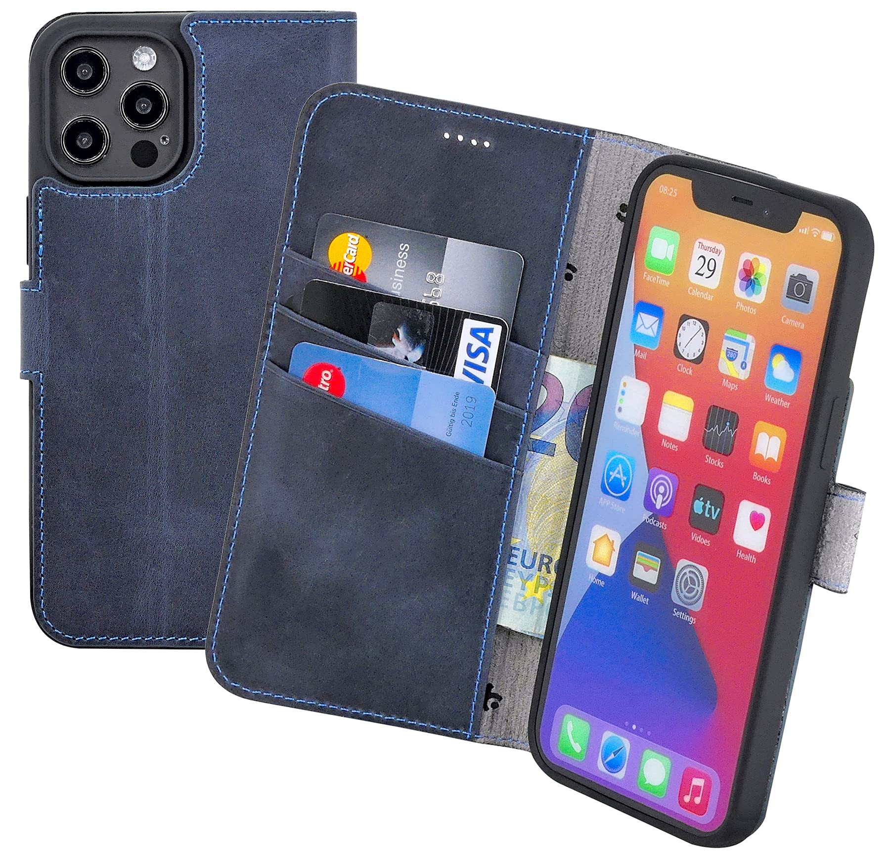 Suncase Book-style case compatible with iPhone 12 Pro (6.1 inch) leather case (slim fit) leather mobile phone case protective case with 3 card slots in pebble blue