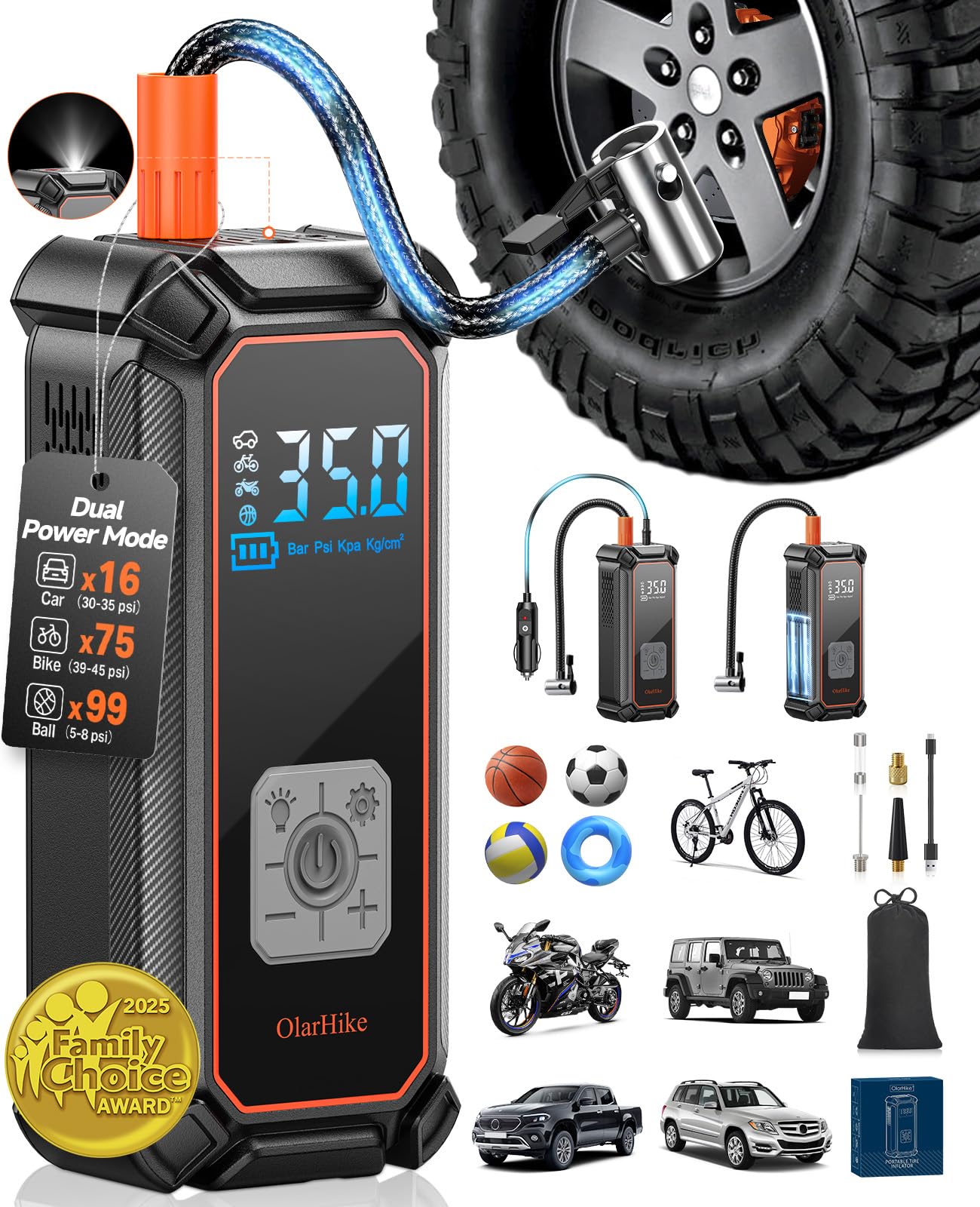 Photo 1 of OlarHike Cordless Tire Inflator Portable Air Compressor, 150PSI Dual Power - 5400mAh & 12V DC, Air Pump for Car Tires, Bike, Motorcycle, Bicycle, Electric Pump with LED Light & Digital Pressure Gauge