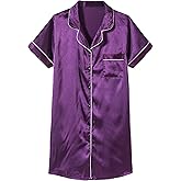 Hupohoi Girls Satin Pajamas Dress Button Down Silky Sleepwear Nightgown Short Sleeve Nightshirt Dresses