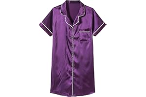 Hupohoi Girls Satin Pajamas Dress Button Down Silky Sleepwear Nightgown Short Sleeve Nightshirt Dresses