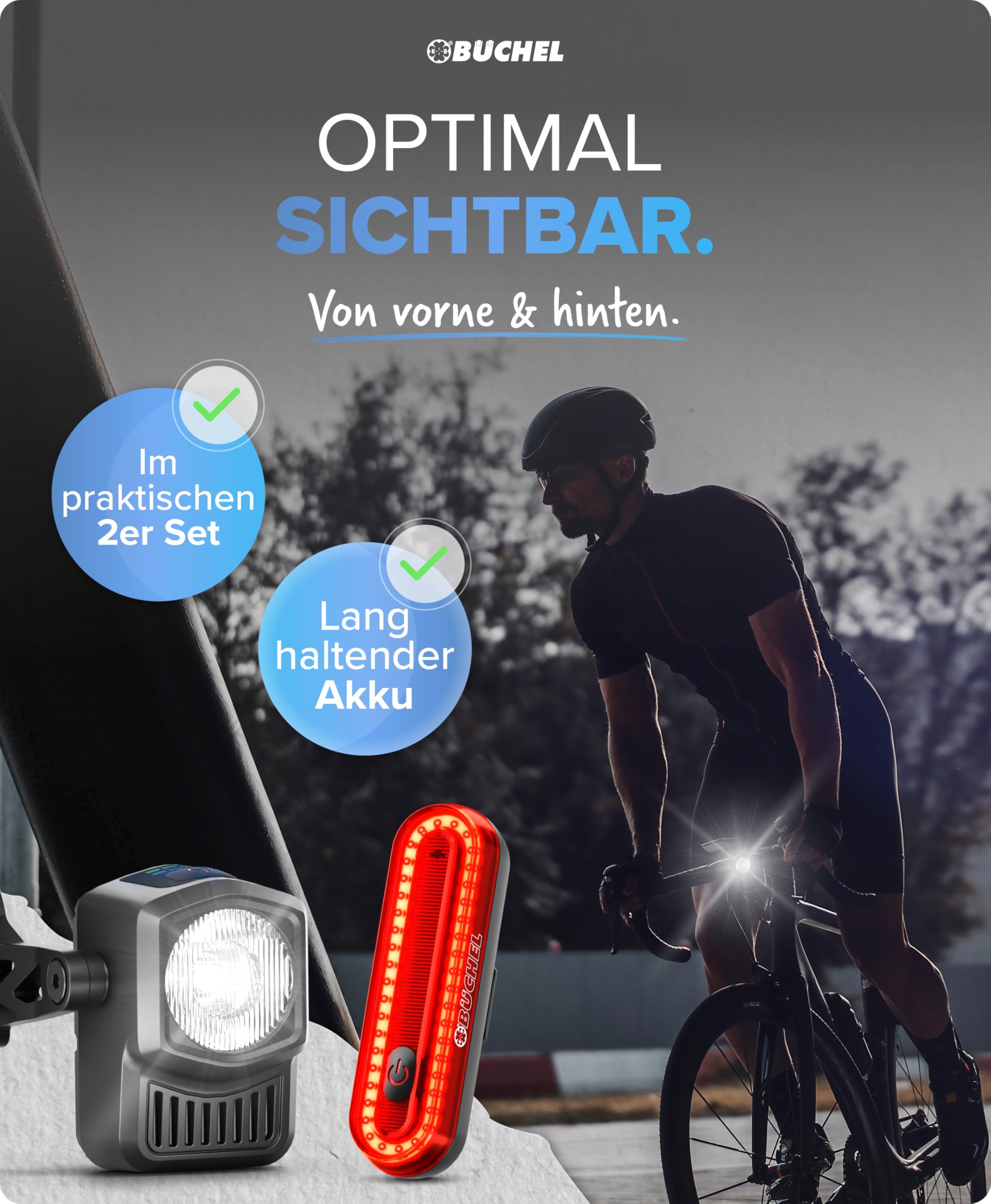 BÜCHEL Fahrradlicht Set - USB-C Fahrrad Lichter LED Set mit 8h Leuchtdauer & Kontrollanzeige - 4‑Modi Vorderlicht (15–60 Lux) - StVZO-Konform (Lichtset, LED Frontlicht 30–60 Lux & COB Rücklicht) 2