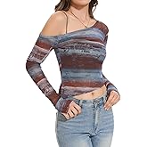 Eyanse Mesh Long Sleeve Top for Women Sexy Rave Outfits Y2K Clothes Off The Shoulder