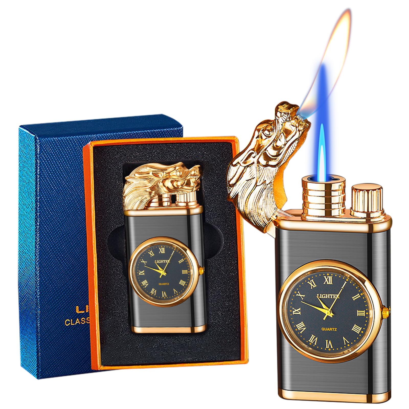 CYJBAO Jet Lighter - Windproof Adjustable Jet & Soft Flame, Cool Embossed Craft, Refillable Butane Lighter for Kitchen, BBQ, Camping, Candles, Cigar (Without Butane)-Black