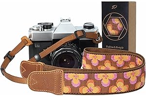 Padwa Lifestyle Camera Strap - 1.5" Crazy Horse Cowhide Head Cotton Strap,Vintage Embroidery Camera Straps for Photographers and All Cameras,Cute Adjustable Shoulder Neck Strap for Adults & Kids