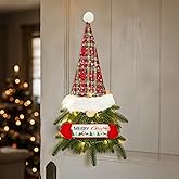 Christmas Wreath Gnome with Lights, Hanging Santa Gnome for Front Door Christmas Ornament Decorations Wreath for Wall Room Window Porch with Led String Lights