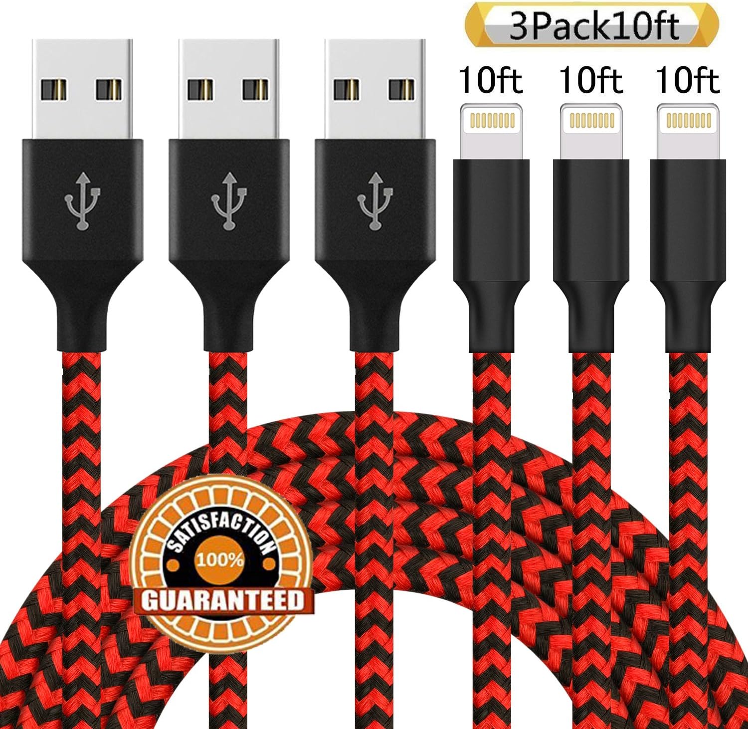 Suanna iPhone Charger, 3Pack 10FT Nylon Braided USB iPhone Cable Cord Compatible with iPhone X 8 7 Plus 6S 6 SE 5S 5C 5, iPad 2 3 4 Mini Air (Black Red)