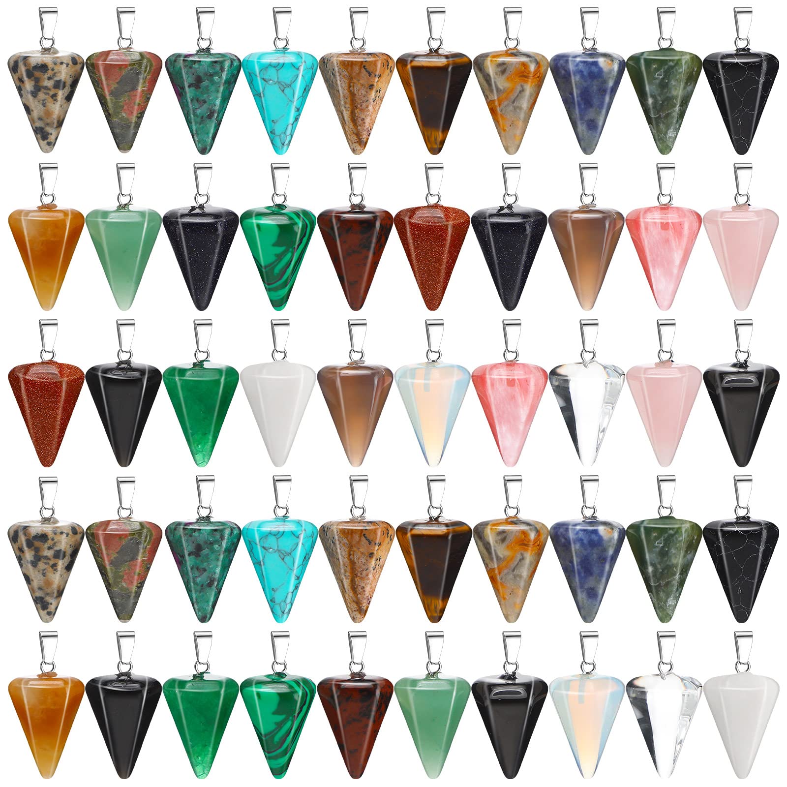 Photo 1 of 50 Pieces Cone Pendulum Crystal Pendants Healing Stone Charms for Jewelry Making DIY Necklace Divination Witchcraft Accessories, 25 Colors