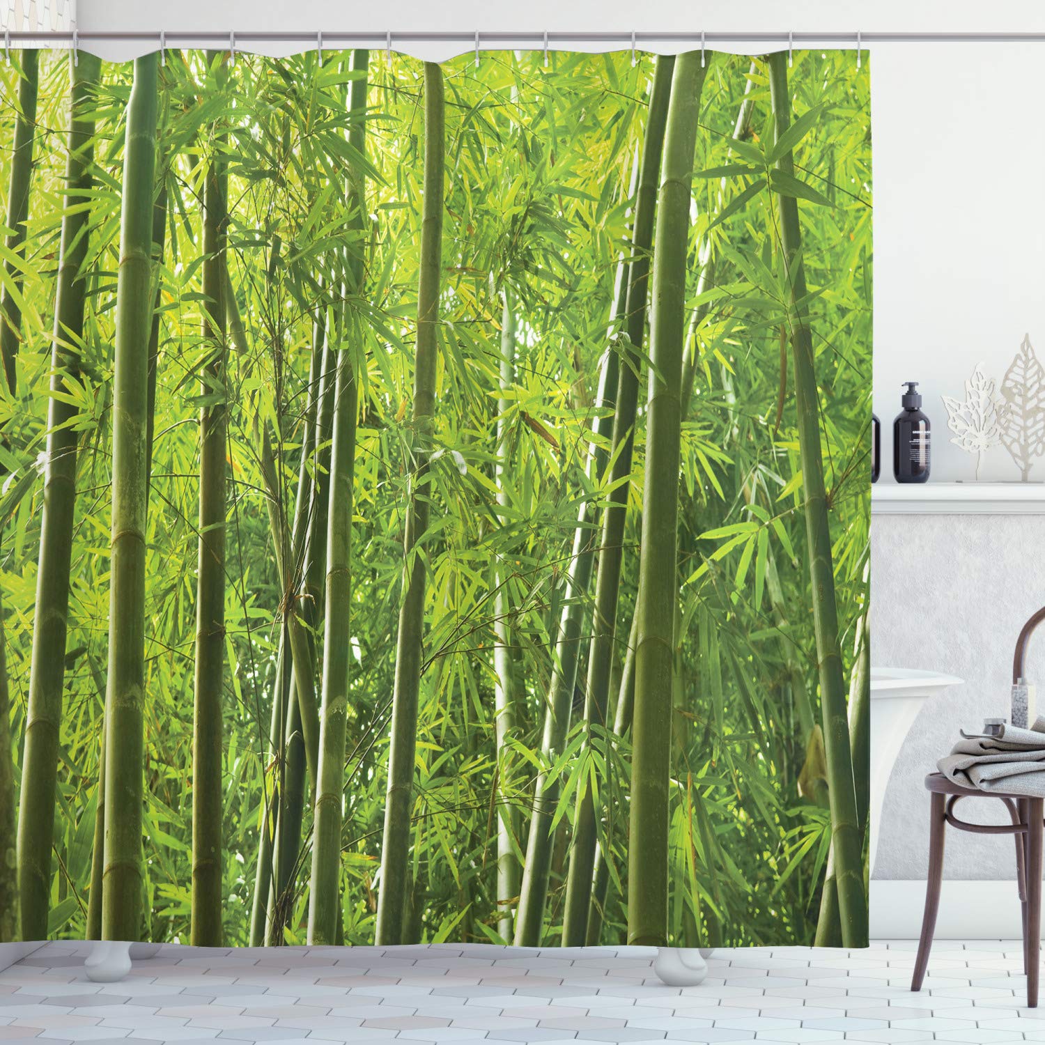 ABAKUHAUS Bamboo Shower Curtain, Exotic Tropical Asian Forest Fresh Color Nature Wild Trees and Leaves Print, Cloth Fabric Bathroom Decor Set with Hooks, 175 x 180 cm, Forest Green