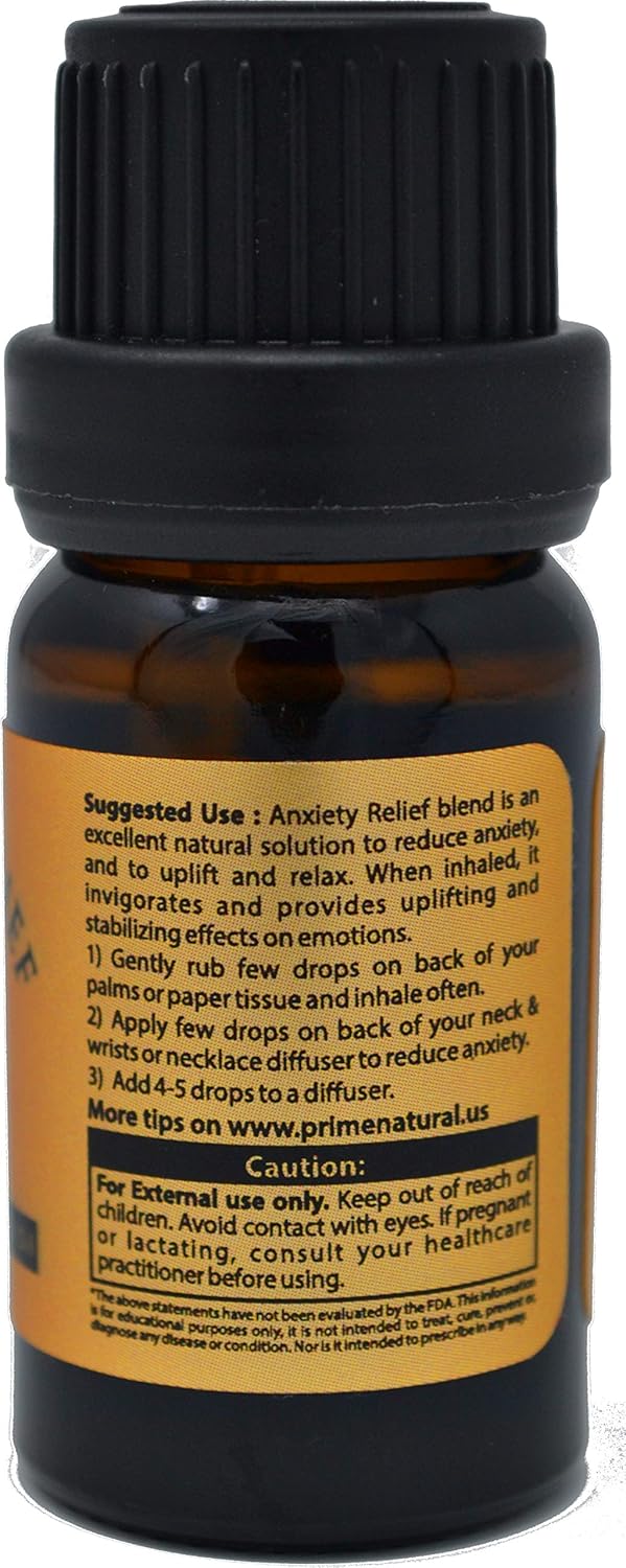 Prime Natural Anxiety Relief Essential Oil Blend 10ml / 0.33oz - Natural Pure Undiluted Therapeutic Grade for Aromatherapy, Scents, Diffuser, Bracelet, Anti Stress Focus Grounding Calming, Boost Mood: Beauty