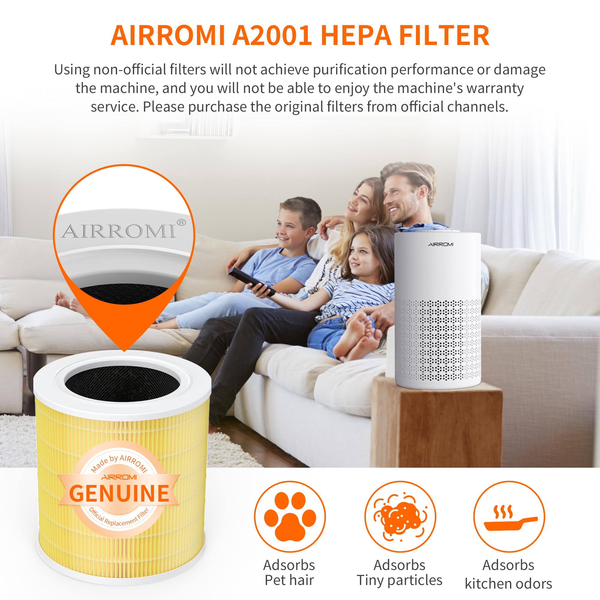 AIRROMI A2001 HEPA Air Purifier Replacement: Original 3-in-1 Filter, Removes 99.97% of 0.3 Micron Particles, Yellow Activated Carbon Filter - Pets & Allergen Specific 1 Pack