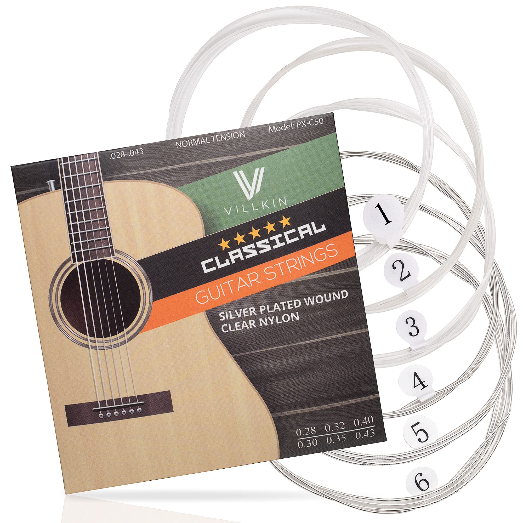 Villkin Guitar strings - Premium nylon strings for classical, concert & acoustic guitar - 6 string set