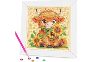 Gemozaic Diamond Art Kits for Kids with Frame, Highland Cow Diamond Art Painting Kit for Kids Ages 6-8-12 for Gift Home Wall Decor (7x7inch)