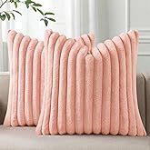 Pallene Faux Fur Plush Throw Pillow Covers 18x18 Set of 2, Luxury Soft Fluffy Striped Decorative Pillow Covers for Sofa, Couch, Living Room, Pink