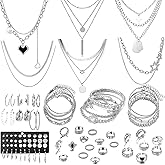 73 Pcs Gold Jewelry Set with 6Pcs Layered Necklace, 11 Pcs anklet and 7Pcs Earring Ear Cuff,12Hoop Earrings ,15pcs Rings,21pcs stud earrings Jewerly set for Women Pack for Friendship Party Gift