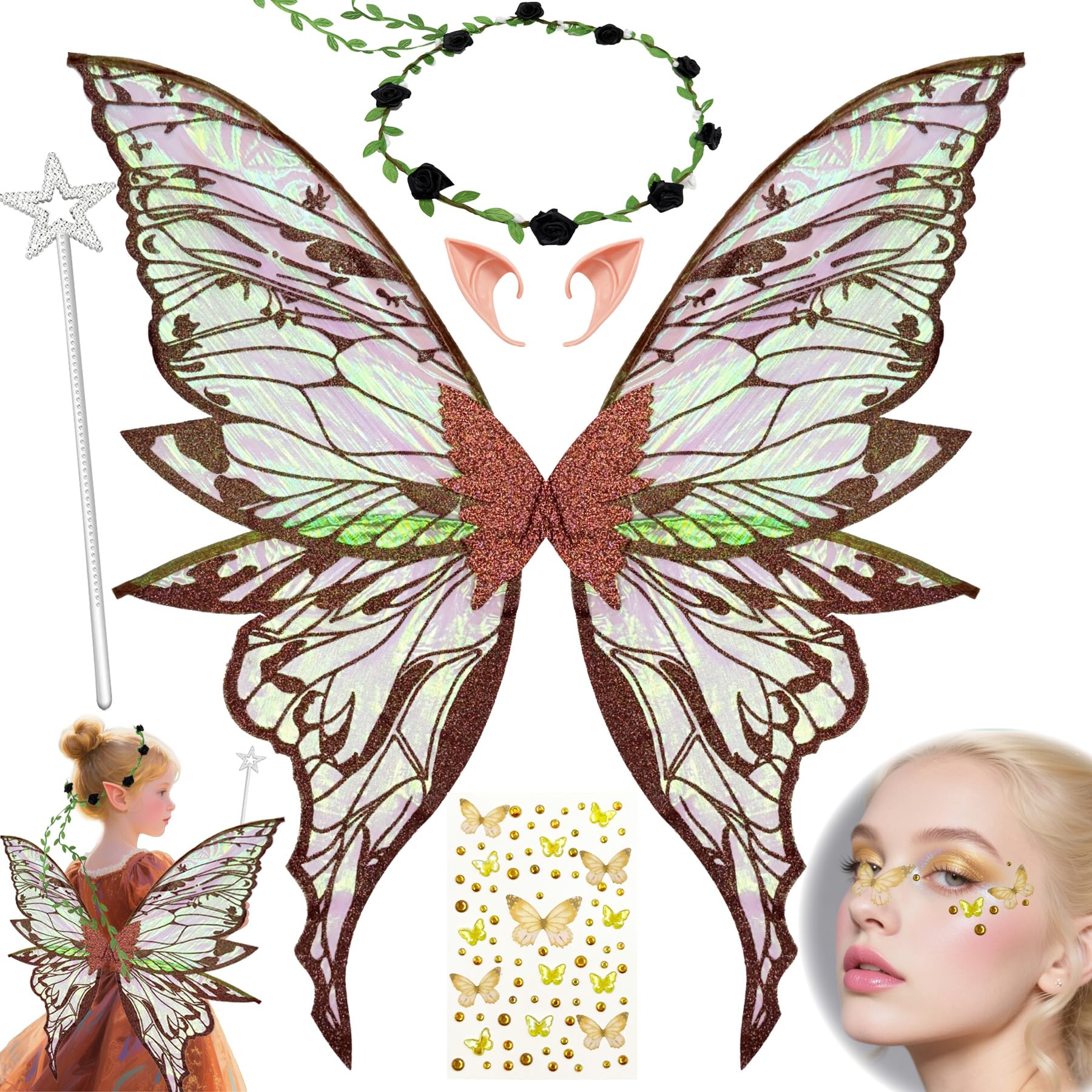 YeahBoom Children's fairy wings, butterfly wings with elf ears, fairy headband and star fairy wands, butterfly wings, princess wings, wing costume for carnivals or parties — image 1