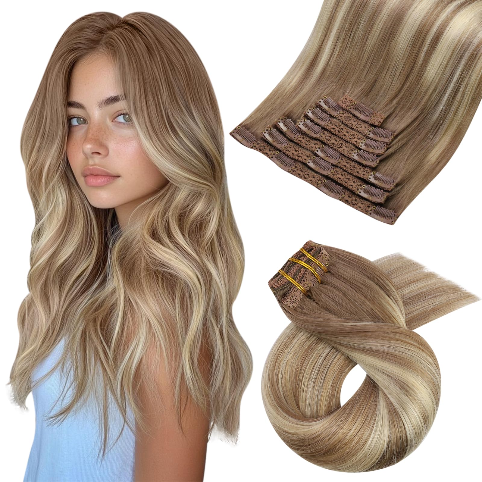 Moresoo Human Hair Extensions Clip in Balayage Brown and Blonde Clip in Hair Extensions Real Human Hair 18 Inch Full Head Double Wefted Breathable All-day Use 7Pcs/120g #8/22/8