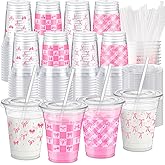 Jingmore 48 Sets Valentine Bow Cups Bulk, 12 oz Coquette Plastic Cups with Lids and Straws Disposable Bow Theme Party Decoration for Valentine Bridal Bachelorette Wedding Party Supplies (Pink)