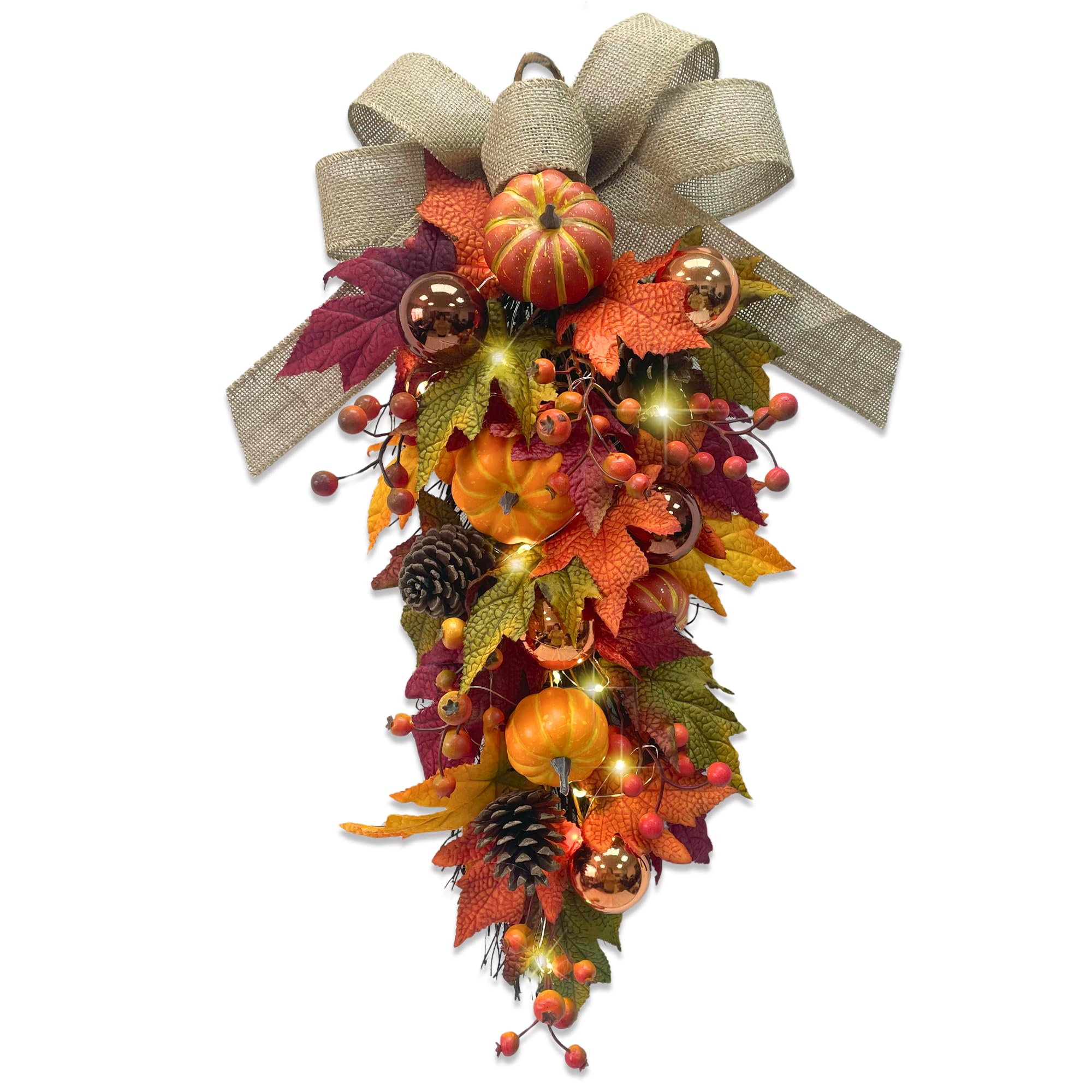 Photo 1 of 24" Pre- Fall Teardrop Swag with 15 LED Lights & Timer, Pumpkins, Maple Leaves, Pinecones & Burlap Bow, Battery Operated Autumn Door Swag for Thanksgiving & Halloween Decor