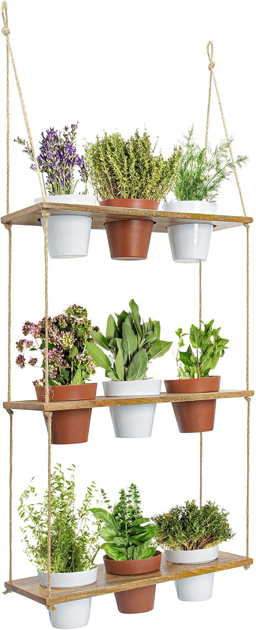 3 Tiered Hanging Planter Shelf With Pot Set Wood Floating Herb Garden For Kitchen Counter Vertical Succulent Hanger For Patio Porch Balcony Boho Plant Shelves For Wall Multi Tier Vertical Stand Amazon Co Uk