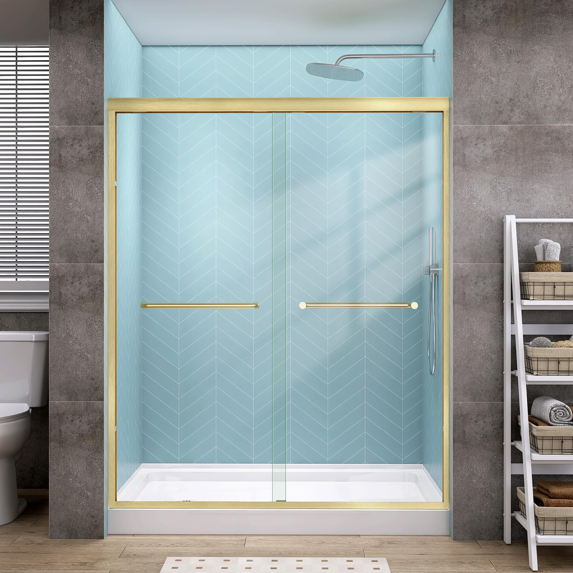 Photo 1 of GETPRO Shower Door Double Sliding 56-60 in. W x 72 in. H Semi-Frameless Bypasss Bathroom Glass Shower Sliding Doors,1/4 inch Clear Tempered Glass Door for Walk-in Shower Brushed Gold