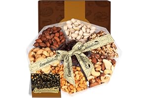 Gourmet Collection Nut Gift Basket With Greeting Card By Nutco 7 Assortments, Arrangement Platter, Care Package - Healthy Kosher USA Made (1 lb, Congratulations)