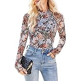 Lace Long Sleeve Tops for Women Floral Mesh Tops Mock Neck Sheer See Through Shirts Going Out for Casual Party Club