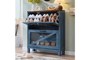 JXQTLINGMU Shoe Cabinet with 2 Flip Drawers, Farmhouse Shoe Storage Cabinet with Mesh Doors and Adjustable Shelves, Rustic Wooden Shoe Organizer, Small Shoe Cabinet Storage for Entryway, Blue
