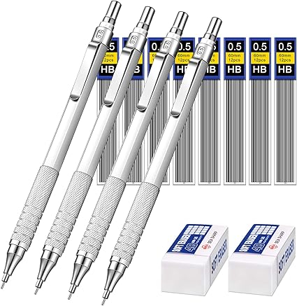 Druckbleistift Set 4 Stucke Automatische Metall Mechanische Stifte 8 Stucke Hb Bleistift Minen Austauschbare Nachfullungen Und 2 Stucke Radiergummis Fur Haus Schule Und Buro Zubehor Silberig 0 5 Mm Amazon De Burobedarf Schreibwaren