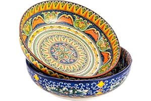 Henten Home Porcelain Pasta Bowls Set of 2, Ceramic 50 oz Soup Bowl, Colorful Large Salad Bowls, Bohemia Style Serving Bowls 