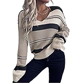 SISKIN Striped Knit Pullover Sweater, Color Block Boho Casual Ribbed Drop Shoulder Sweater for Women 2025 Khaki XL