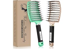 KTKUDY Detangling Brush Getting Knots Out without Pain - Boar Bristles HairBrush Make Hair Shiny & Healthier Vented Detangler Brush for Women Men Kids Wet and Dry Hair (Gold & Green)