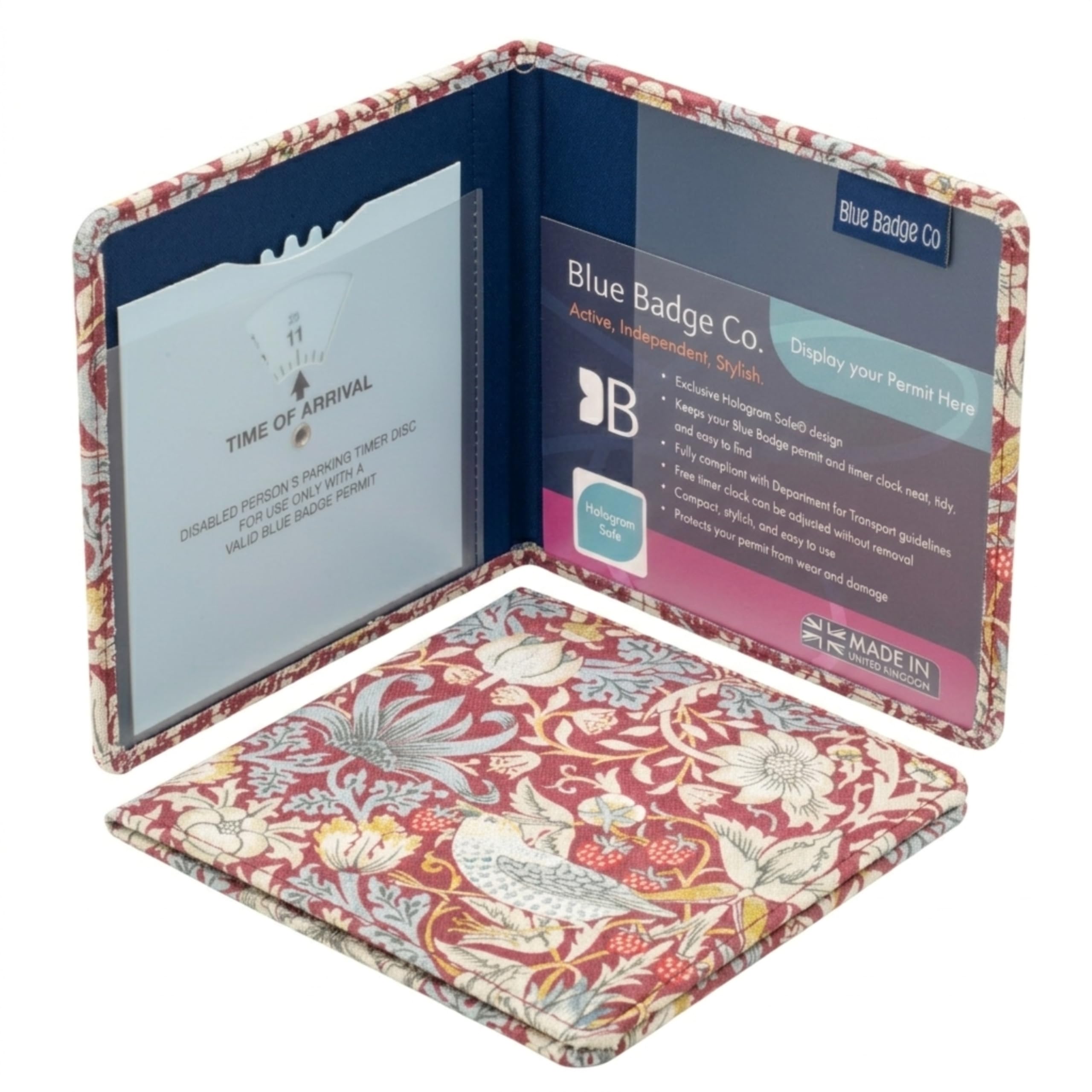 Blue Badge Co Disabled Parking Permit Wallet in William Morris Strawberry Theif Plum, Made in UK, Hologram-Safe Disabled Blue Badge Parking Cover Holder with Timer Clock, Disabled Badge Holder for Car