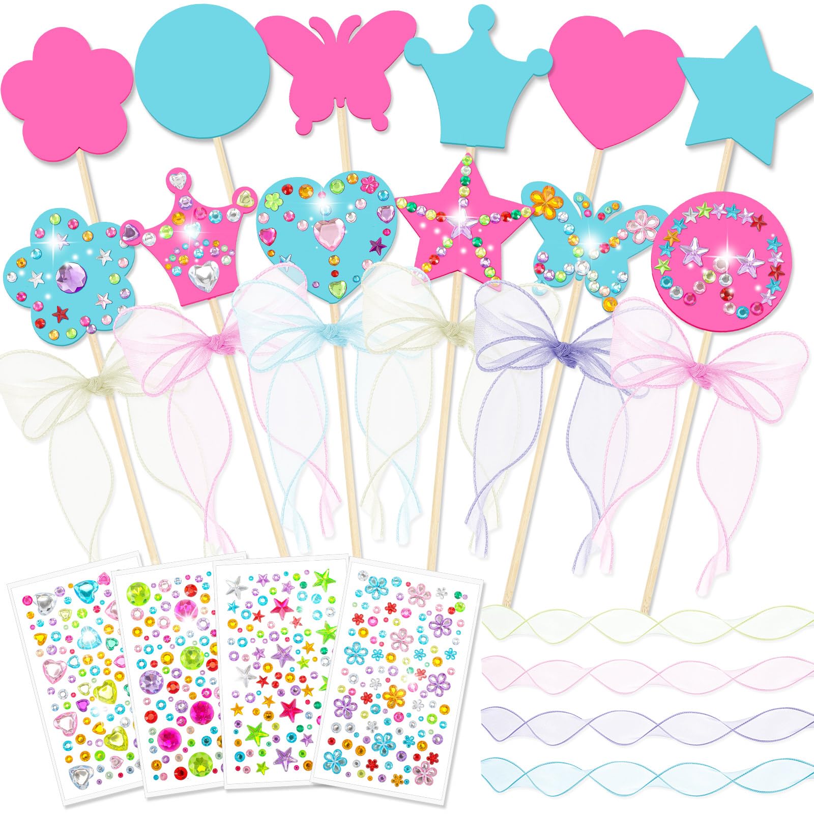 Photo 1 of Juexica 20 Pcs Princess Fairy Wands Kit Include 6 Styles Unfinished Wooden Princess Accessories, 4 Pcs Gem Stickers, 4 Rolls Ribbons Make Your Own Fairy Wands for Kids Birthday (Pink, Light Blue)
