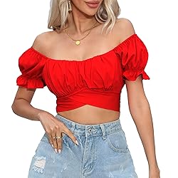 COOUFE Women's Crop Tops Ruffle Short Sleeve Tie