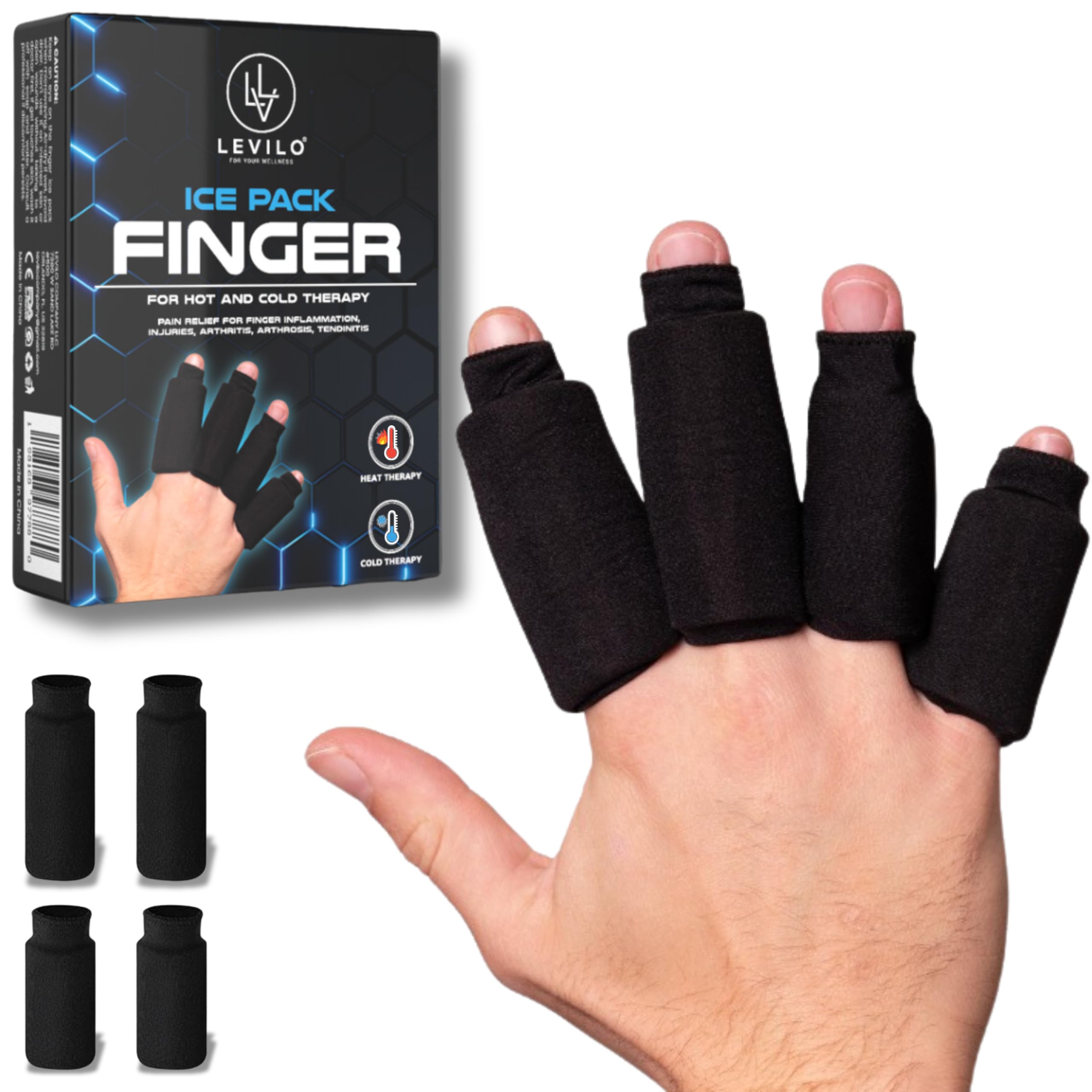 Photo 1 of LEVILO Finger Ice Pack for Arthritis (Pack of 4) Compression Sleeve for Injuries, Thumb Ice Pack Sleeve for Thumb & Toes, Tendonitis, Swollen Finger, Gout, Sprain