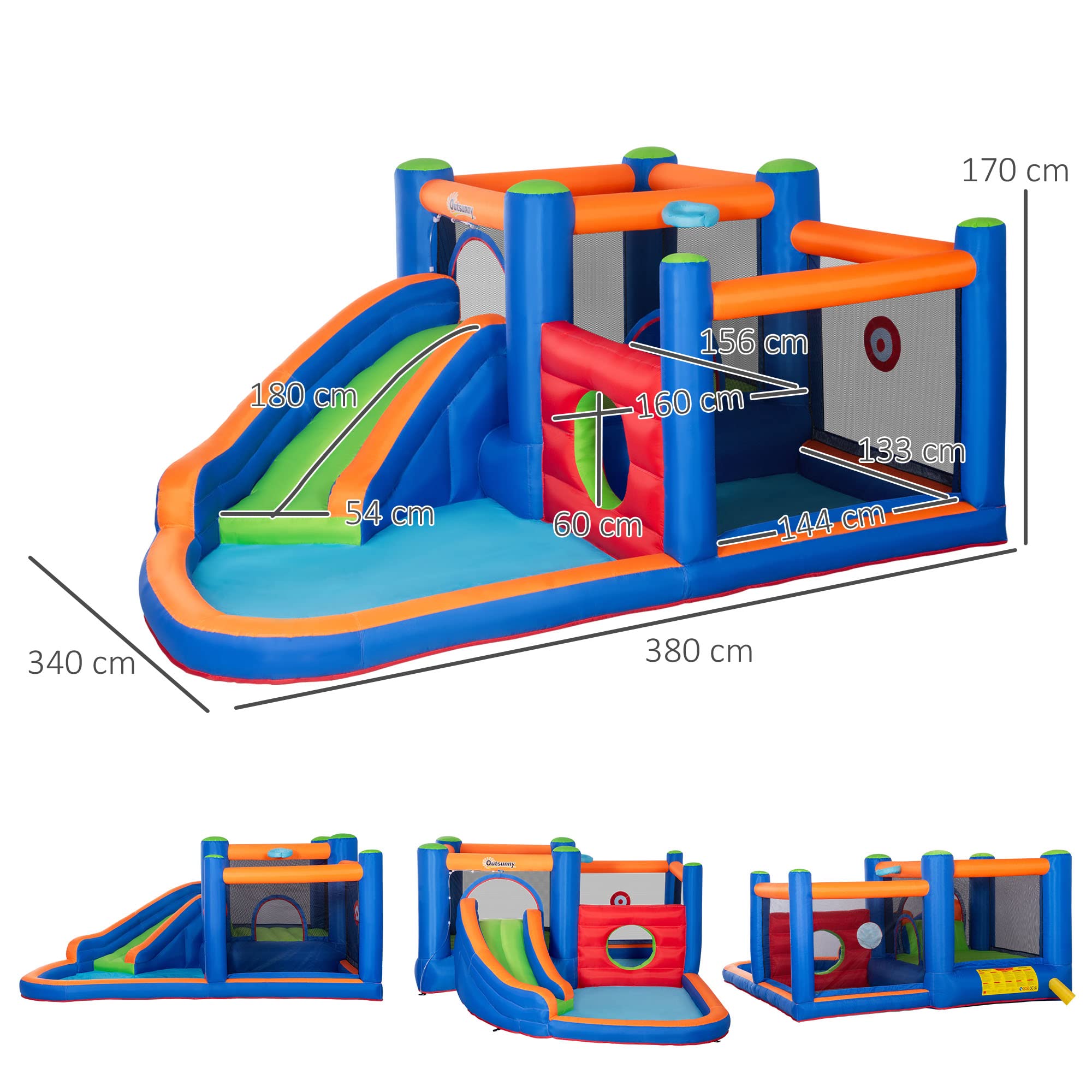 Outsunny Aufblasbare Hüpfburg Wasserpark mit Gebläse Hüpfburg mit Wasserrutsche Basketballkorb Aufblasbare Wasserspielcenter für Kinder ab 3 Jahren Trampolin Pool 380 x 340 x 170 cm 7