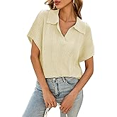 Cakulo Womens Short Sleeve Sweaters Tops Spring Summer 2026 Polo V Neck Collared Crochet Knit Vacation Casual Work Top